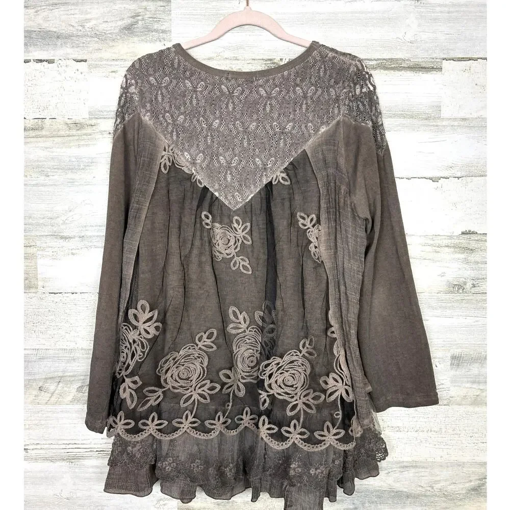 Feratteli Womens Medium Brown Boho Embroidered Lace Cotton Tunic Top - Picture 2 of 5